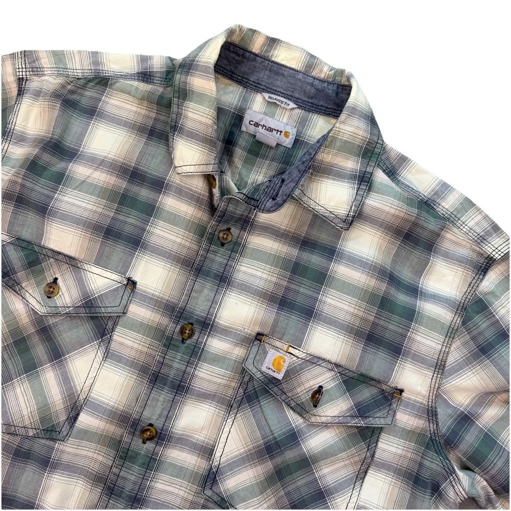 Carhartt Men's Large Relaxed Fit Green/Gray Plaid Short Sleeve Shirt Logo